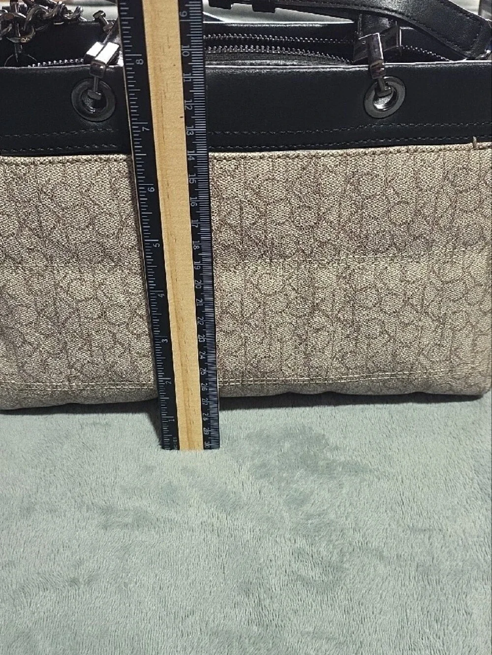 Calvin Klein Beige Monogram Satchel with Black Trim and Blue Tag